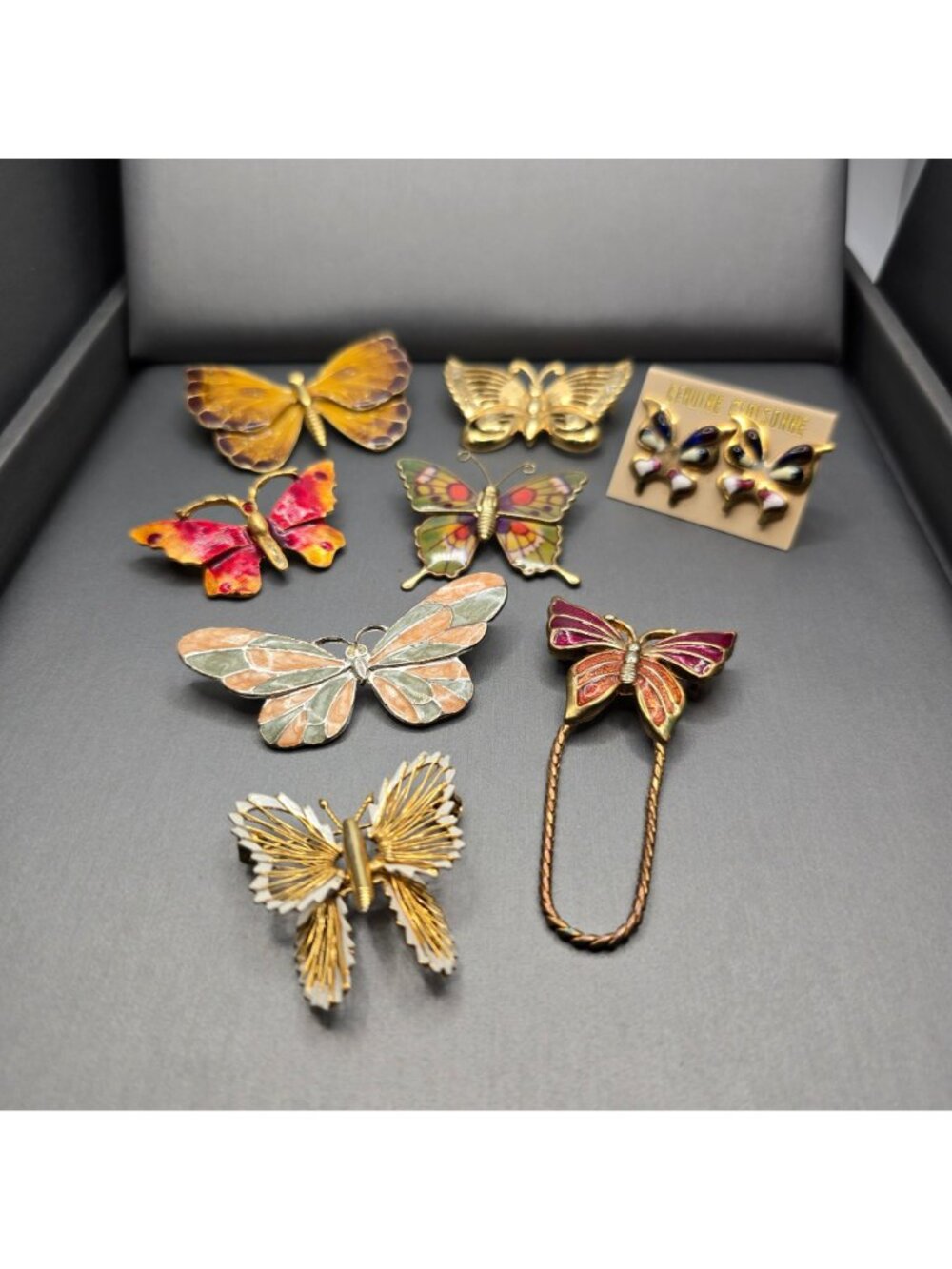 Vintage Butterfly Brooch Lot of 8 Cloisonne Enamel Earrings Gold Tone Statement - Picture 2 of 13